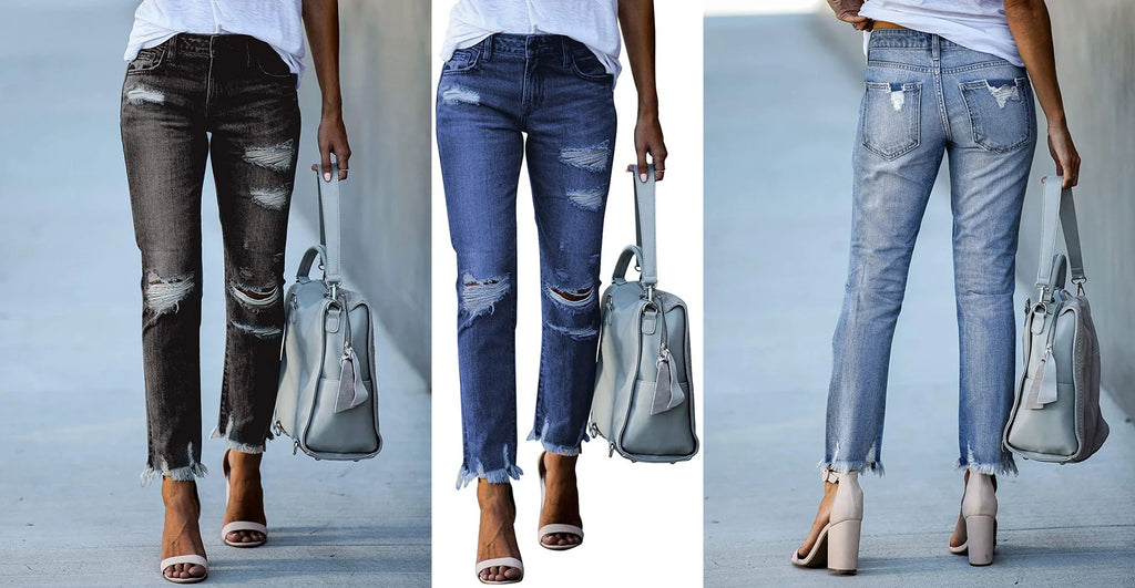 Women Straight Leg Jeans Ripped Distressed Denim Pants Classic Blue Stretch for Casual Daily Wear Skinny Fit