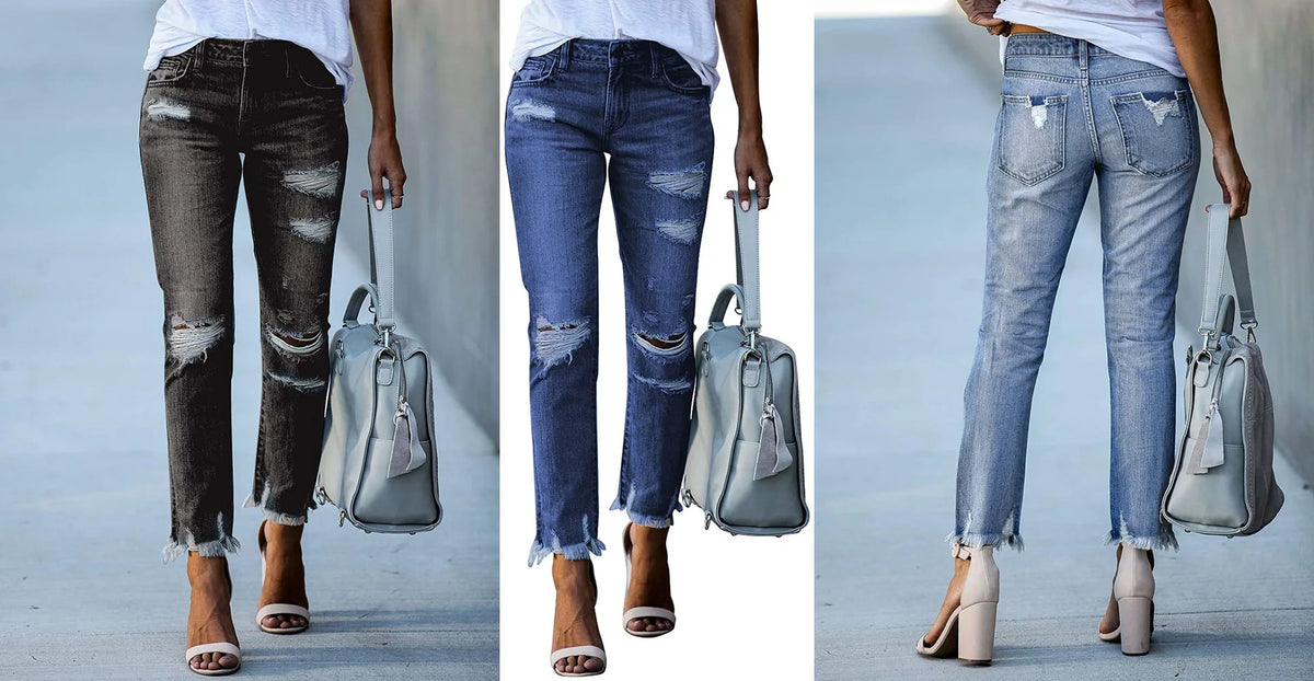 Women Straight Leg Jeans Ripped Distressed Denim Pants Classic Blue Stretch for Casual Daily Wear Skinny Fit