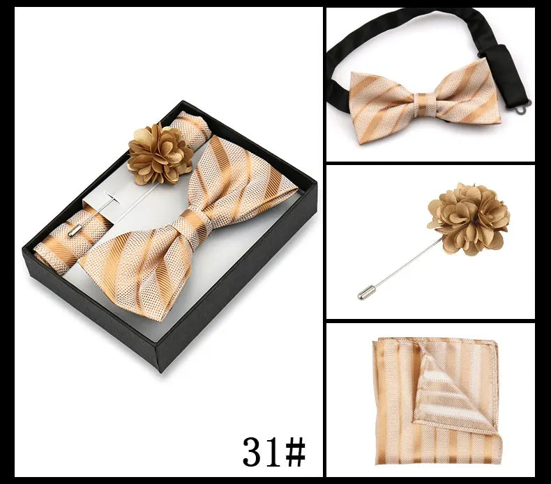 Classic High Quality Bow Tie Set Box Gift For Men Fashion Elegant Bowtie Handchief And Brooch Set Wedding Business Accessories