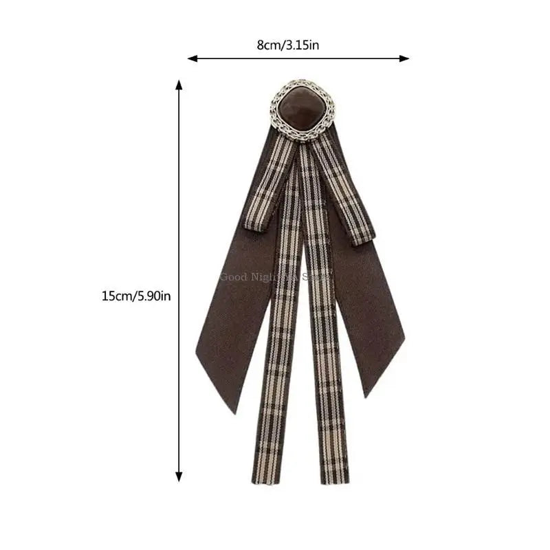 Retro Brown Plaids Bowtie Brooch Pin Uniform Ribbon Bowknot Jabot Collar Necktie