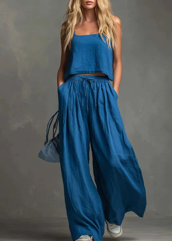 Suspender Top Women + Wide-leg Trousers Women 2piece Set Summer Fashion Elastic Waist Lace-up Pocket Trousers Casual Suit Female