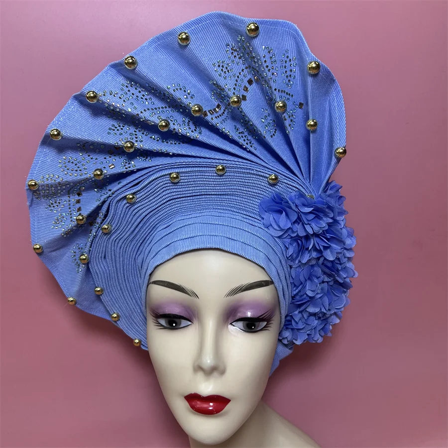 Hot Sale Nigerian Gele Headtie Aso Oke Gele Already Made Auto Gele Aso Turban Women Headwrap Nigerian Hairtie Femme Hats 1Set
