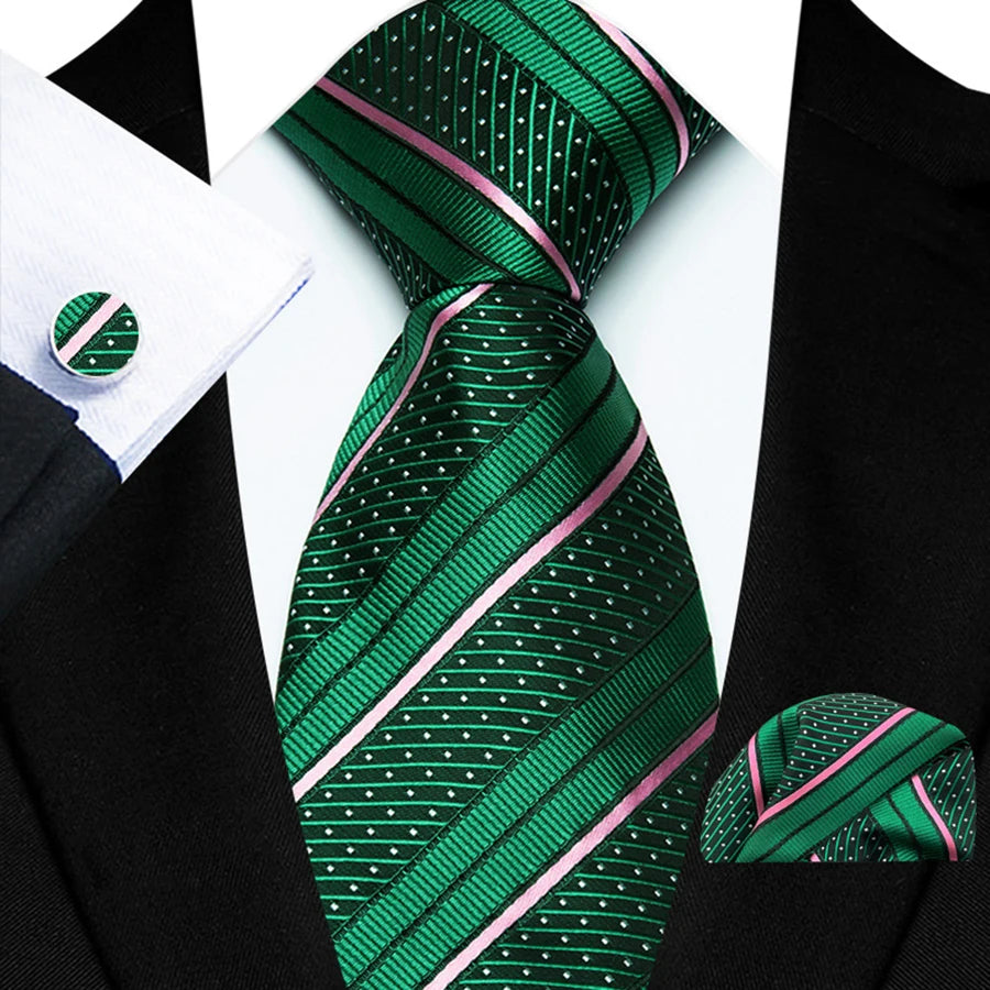 Mens Tie Set Stripes Necktie and Pocket Square Cufflinks Tie Clip Classic Formal Neck Ties for Men Wedding Business Party