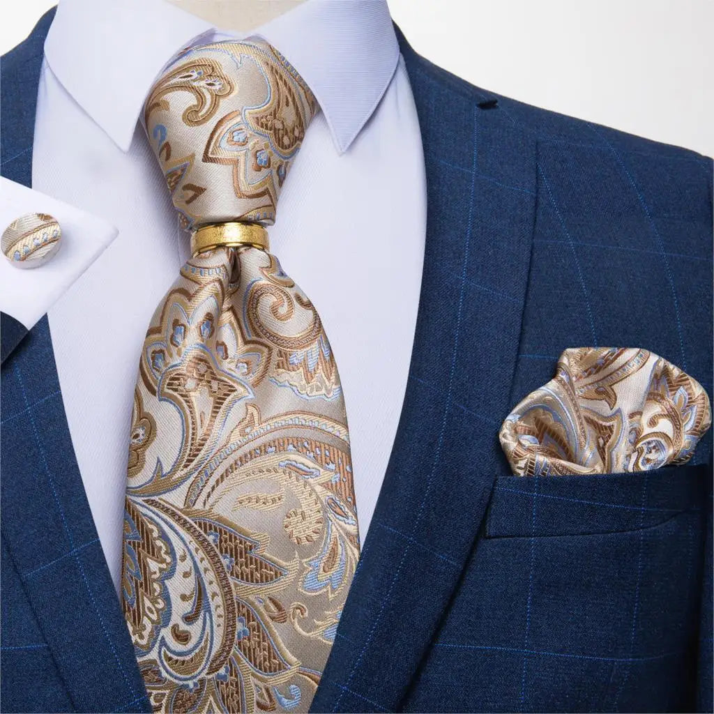Men's Tie Handkerchief Cuffink Necktie Set Jacquard Woven Silk Blue Wedding Formal Business Party Necktie Ring Set DiBanGu