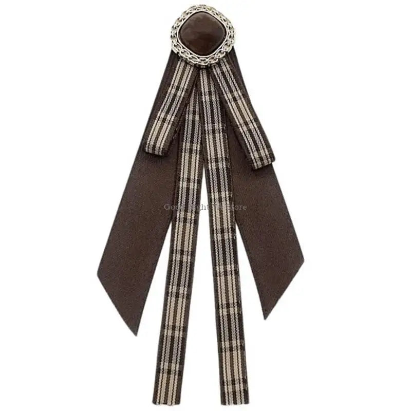 Retro Brown Plaids Bowtie Brooch Pin Uniform Ribbon Bowknot Jabot Collar Necktie