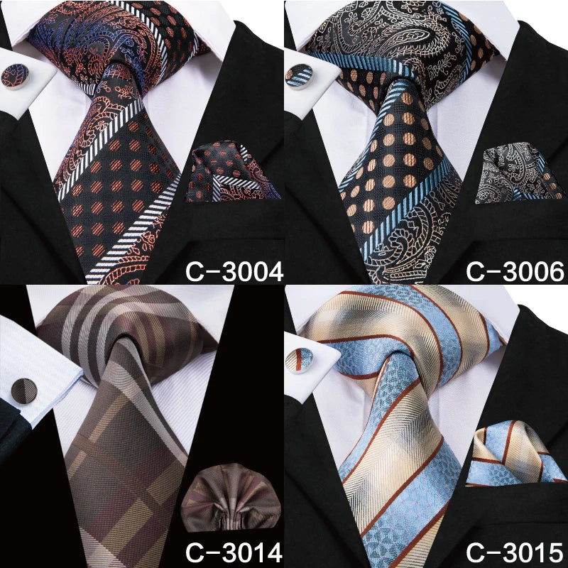 C-3014 Hi-Tie Men Tie Silk Necktie Plaid Brown Ties for Men High Quality Hanky Cufflinks Set Men's Wedding Pocket Square Tie Set