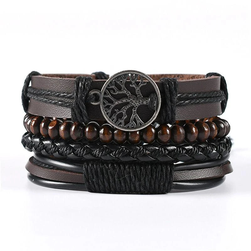 4Pcs/ Set Braided Wrap Leather Bracelets For Men Vintage Life Tree Rudder Charm Wood Beads Ethnic Tribal Wristbands