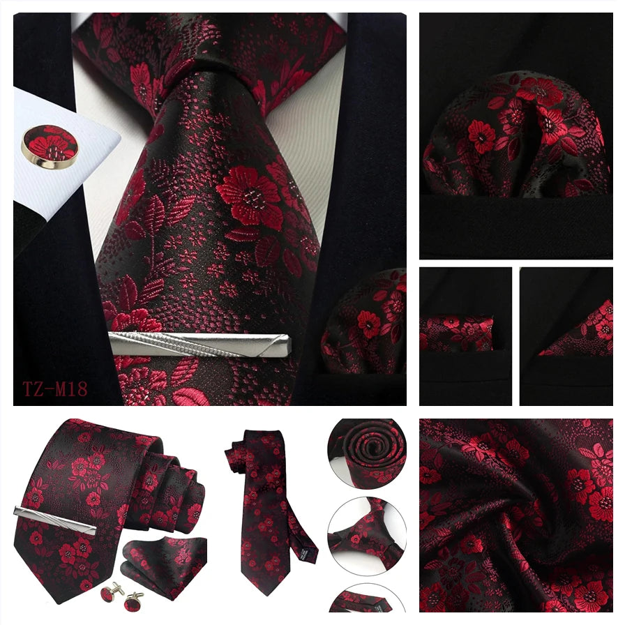 Mens Tie Set Silk Silver Paisley Floral Necktie and Pocket Square Cufflinks Tie Clip Classic Formal Ties for Men Wedding Party