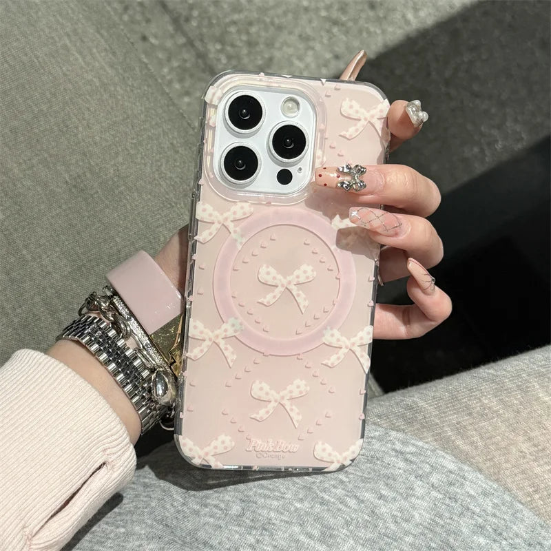 Lovely Magnetic Phone Case For iPhone 16 Pro 15 14 13 Pro Max 15Pro Cover with Pearl Bowknot Stand Shockproof Cases for Magsafe
