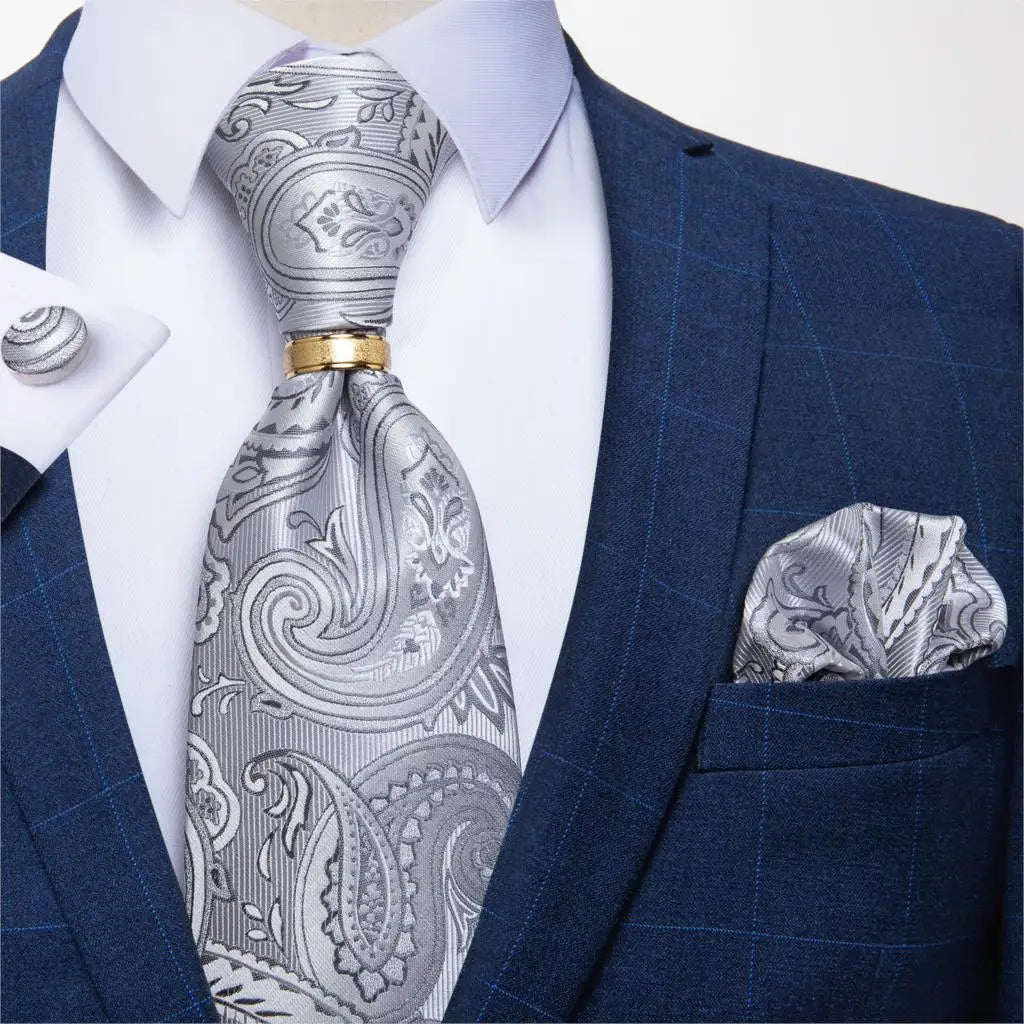 Men's Tie Handkerchief Cuffink Necktie Set Jacquard Woven Silk Blue Wedding Formal Business Party Necktie Ring Set DiBanGu
