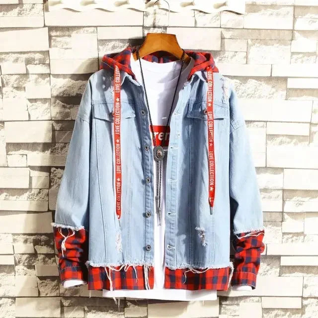 Customizable Men Denim Jacket Streetwear Hip Hop Men's Hooded Jean Jackets Male Casual Loose Outerwear Fashion Slim Fit Coat