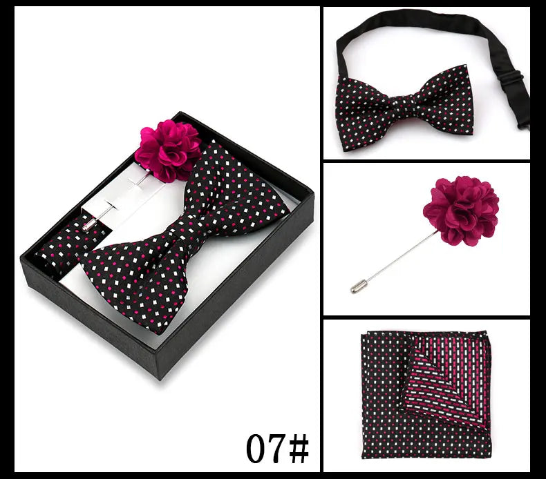 Classic High Quality Bow Tie Set Box Gift For Men Fashion Elegant Bowtie Handchief And Brooch Set Wedding Business Accessories