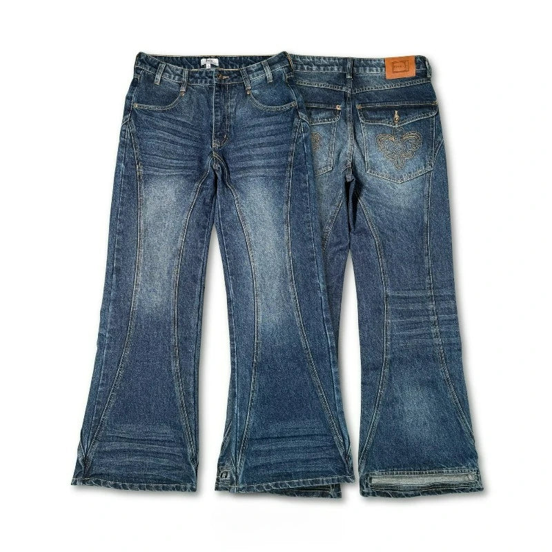 Retro Washed Flare Jeans Y2K Trendy Streetwear Panel Stitching Pocket Embroidered Bootcut Jeans Unisex Wide Leg Denim Trousers