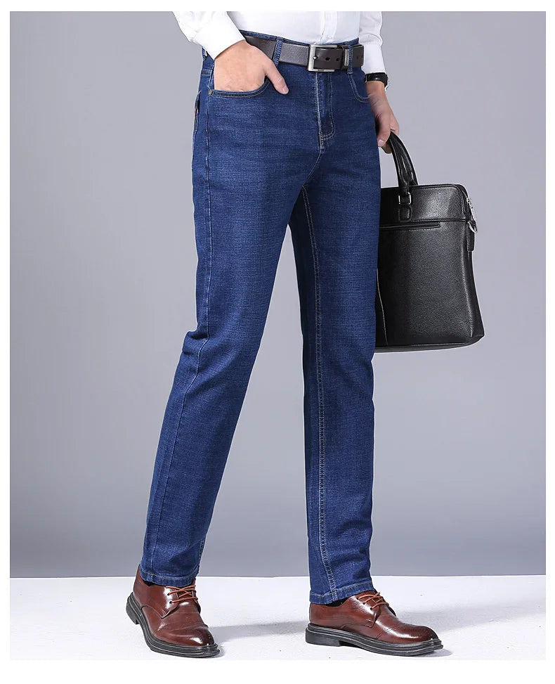 Men Fashion Straight Jeans Men 2025 New Stretch Slim Fit Pants Comfortable Soft Business Denim Trousers Male Brand Clothing