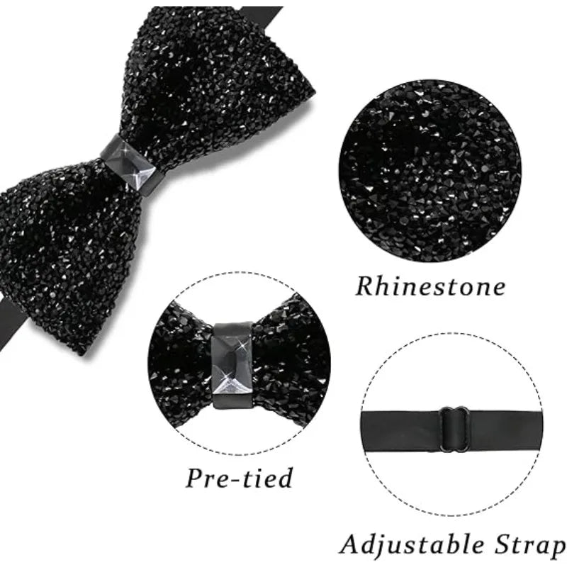 Fashion Rhinestone Bow Ties for Men Women Pre Tied Sequin Diamond Bowties with Adjustable Length Party Banquet Wedding Bow Tie