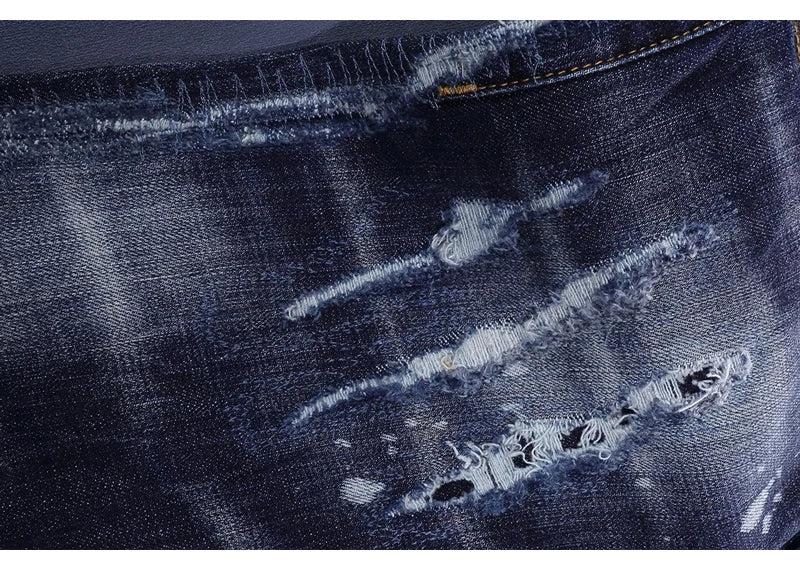 Fashionable men's deep blue jeans with scratches, washed water, nostalgic stretch, slim fit, painted jeans, designer high street