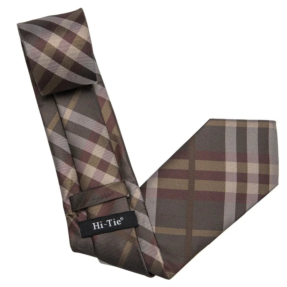 C-3014 Hi-Tie Men Tie Silk Necktie Plaid Brown Ties for Men High Quality Hanky Cufflinks Set Men's Wedding Pocket Square Tie Set