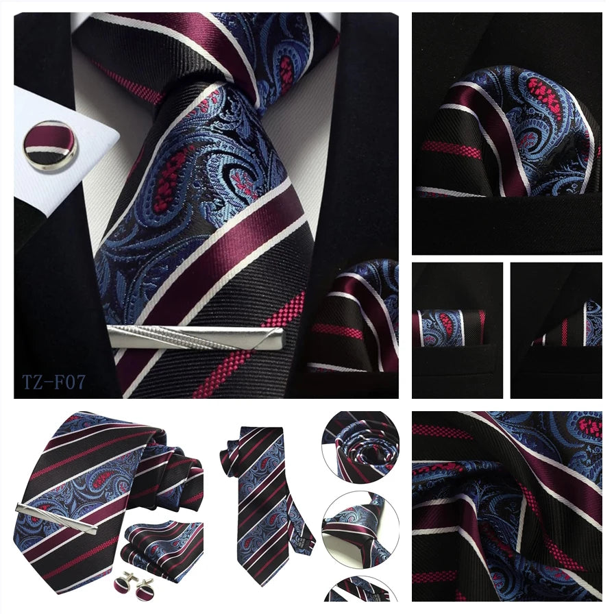 Mens Tie Set Silk Silver Paisley Floral Necktie and Pocket Square Cufflinks Tie Clip Classic Formal Ties for Men Wedding Party