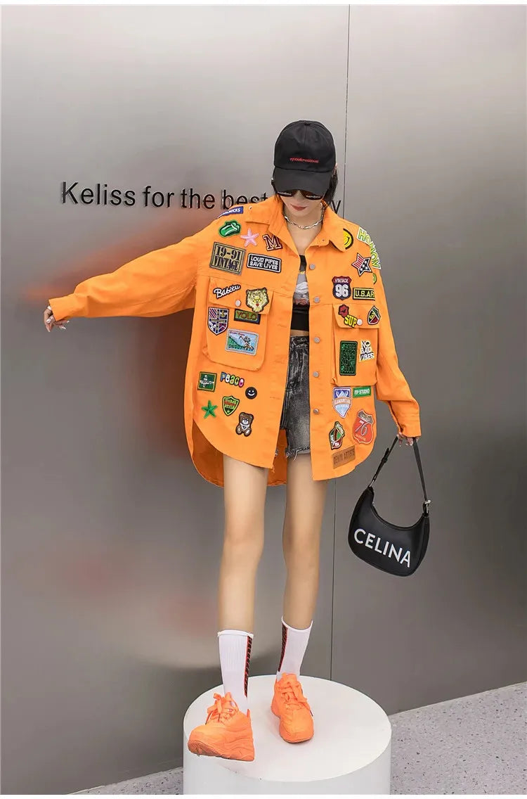 Fashion Embroidery Patches Denim Jacket Coat Women Harajuku Streetwear Hip Hop Trend Loose Jean Jackets Outerwear
