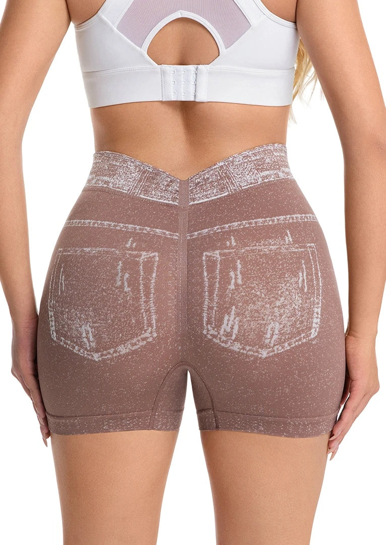 Jeans-like seamless yoga shorts with a V-shaped back, designed to enhance the posterior and provide quick-drying, form-fitting r