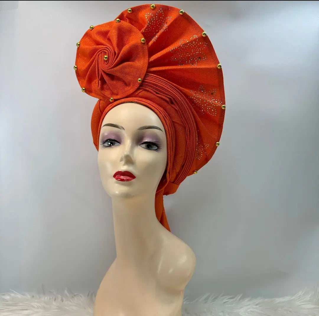 High Quality African Nigeria Gele Elegant Helmet With Stones Headband Turban Head Scarf Head-Hat Auto Gele Brand New Hats 7L631