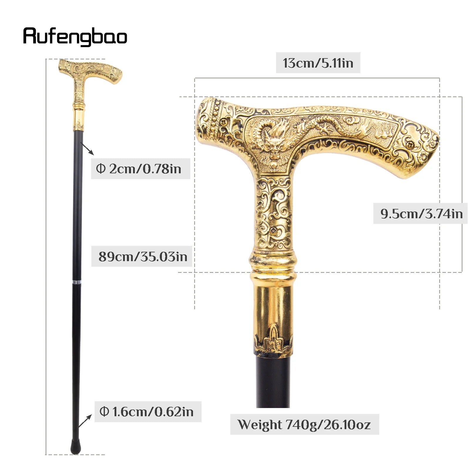 Golden Dragon Luxury Pattern Walking Stick Party Fashion Elegant Walking Stick Decorative Cospaly Cane Knob Crosier 89cm