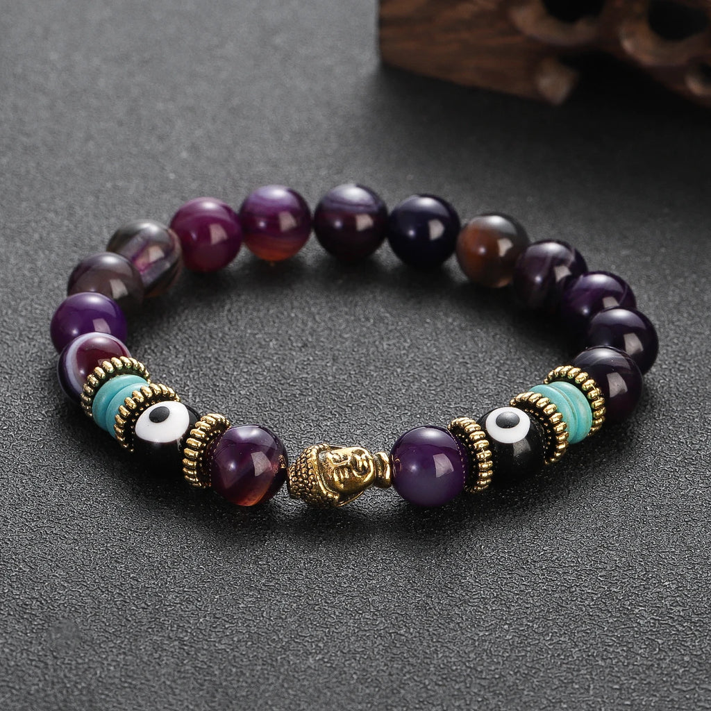 Classic Buddha&Evil Eye Bracelet Women Men 10mm Round Turquoises Blue Stone Bangles Handmade Elastic Yoga Bracelet