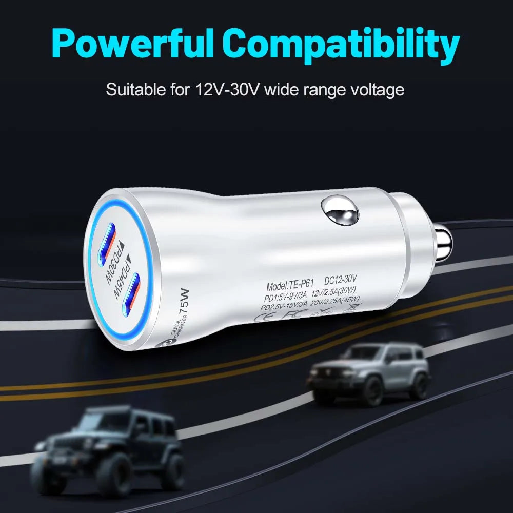 75W USB C Car Charger Dual Ports Type C PD Charger In Car Fast Charge Adapter For iPhone 15 14 Xiaomi Samgsung Car Phone Charger