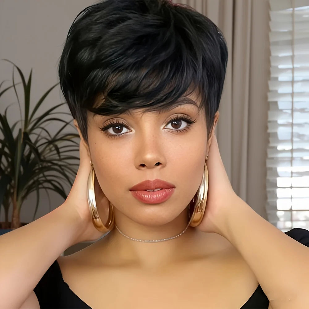 short curly human hair wig machine made 150% density 6inch balck color for women pixie cut human hair wig
