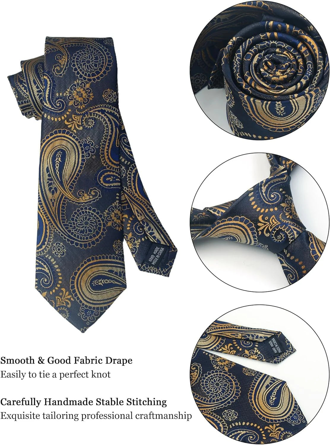 Mens Tie Set Silk Silver Paisley Floral Necktie and Pocket Square Cufflinks Tie Clip Classic Formal Ties for Men Wedding Party