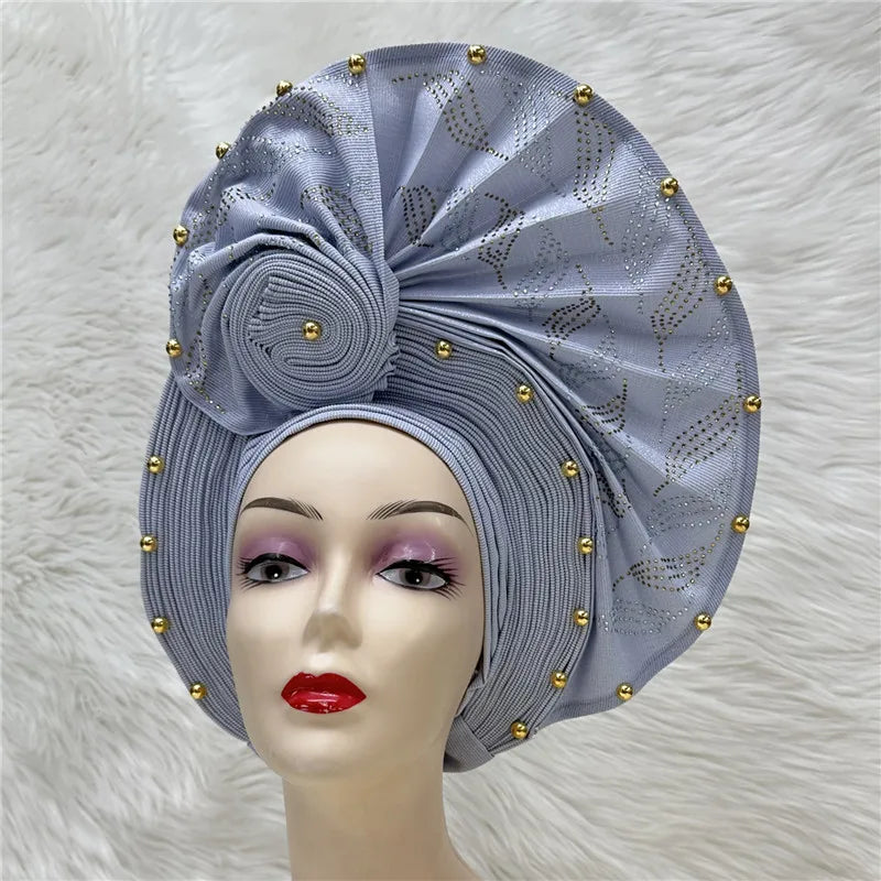 High Quality African Nigeria Gele Elegant Helmet With Stones Headband Turban Head Scarf Head-Hat Auto Gele Brand New Hats 7L1181