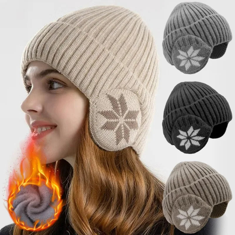 New Outdoor Women Men Winter Knitted Hat Plush Warm Peaked Cap Earmuff Fashion Faux Fur Lined Bomber Hats Cycling Ear Protection