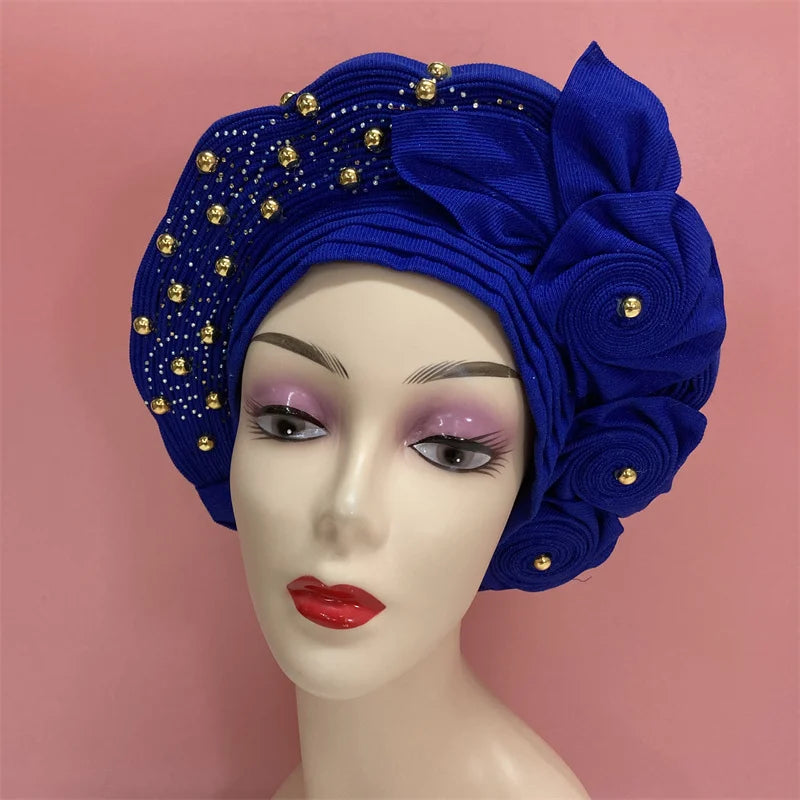 High Quality African Nigeria Gele Elegant Helmet With Stones Headband Turban Head Scarf Head-Hat Auto Gele Brand New Hats 7L5191