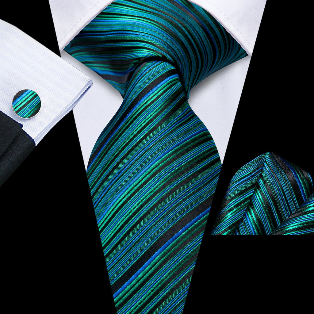 Hi-Tie Burgundy Blue Striped Men Elegant Necktie Handkerchief Cufflinks for Tuxedo Fashion Classic Silk Luxury Tie for Man