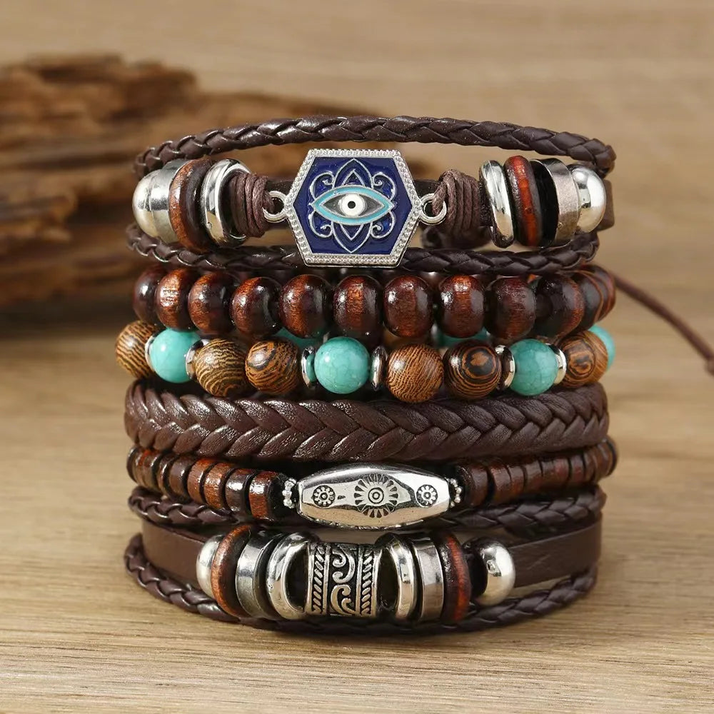 Vintage Feather Casual 6 Pc/set Tree Handmade Men Bracelets Male Women Leather Bracelets Men Bangle Wholesale Jewelry Gift