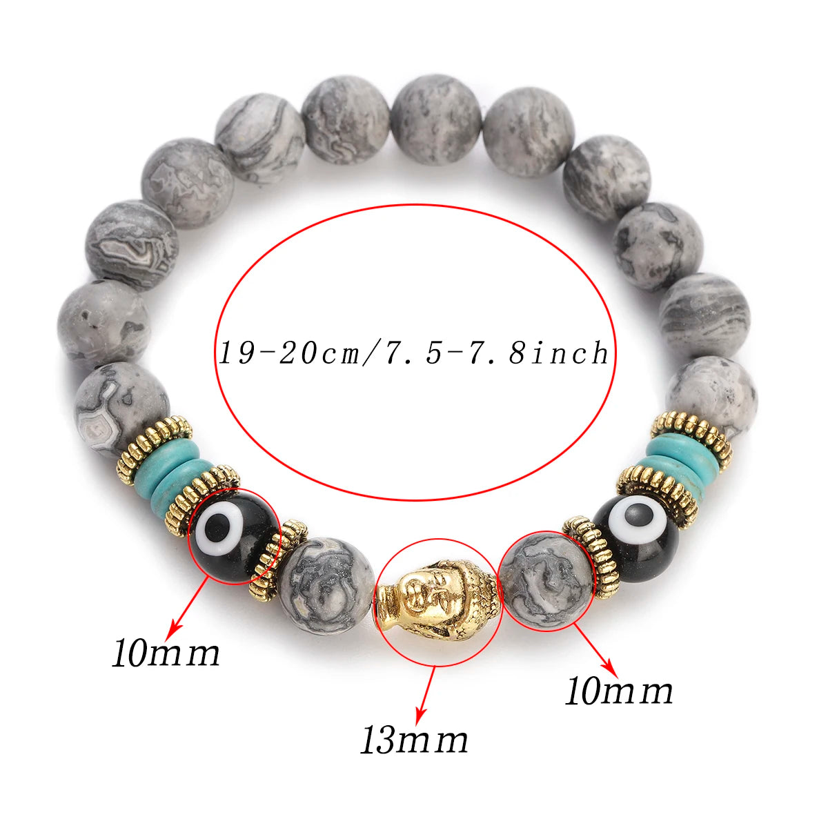 Classic Buddha&Evil Eye Bracelet Women Men 10mm Round Turquoises Blue Stone Bangles Handmade Elastic Yoga Bracelet
