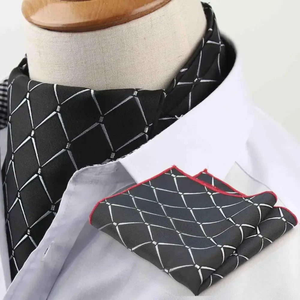 Polyester Cravat Pocket Square Set Formal Necktie Handkerchief Ascot Self Tie Polka Dot Paisley Design Gentleman Necktie Gifts