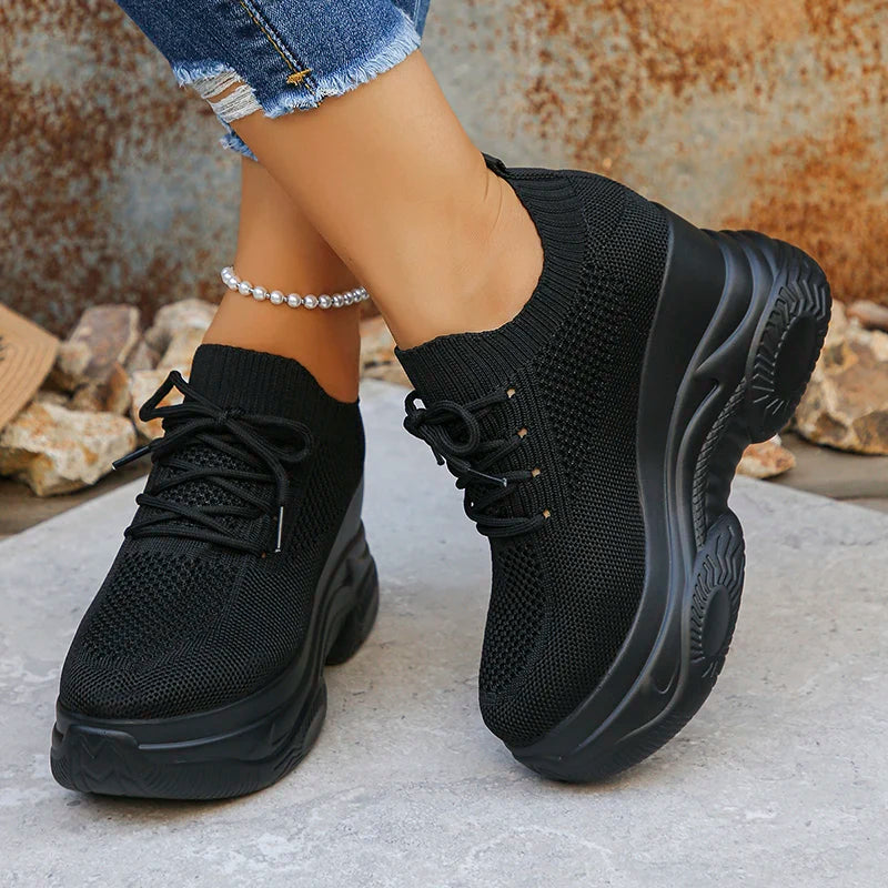 Women's Knitted White Wedge Sneakers 2026 Spring Breathable Mesh Chunky Platform Sneakers Woman Plus Size 42 Lace Up Sport Shoes