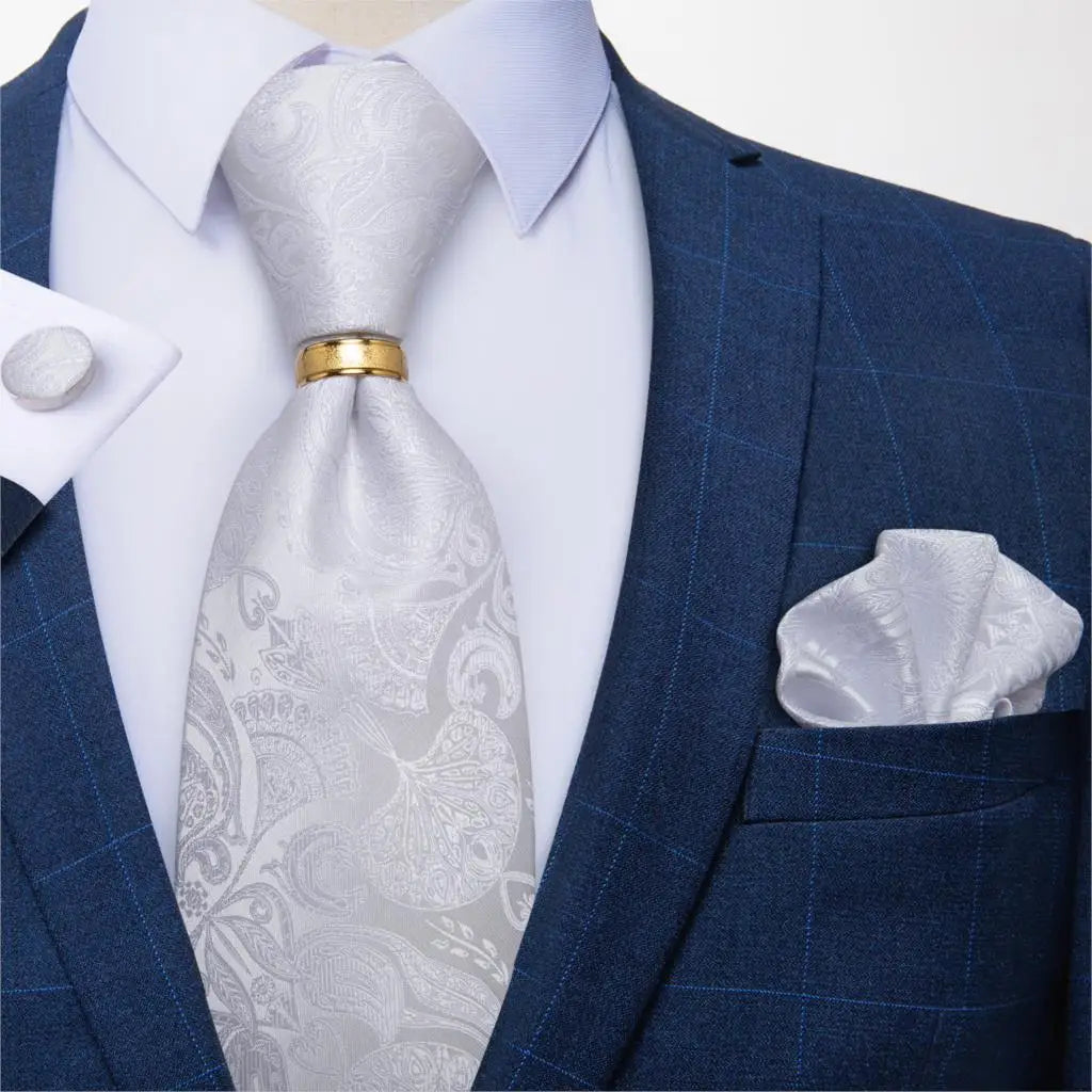 Men's Tie Handkerchief Cuffink Necktie Set Jacquard Woven Silk Blue Wedding Formal Business Party Necktie Ring Set DiBanGu