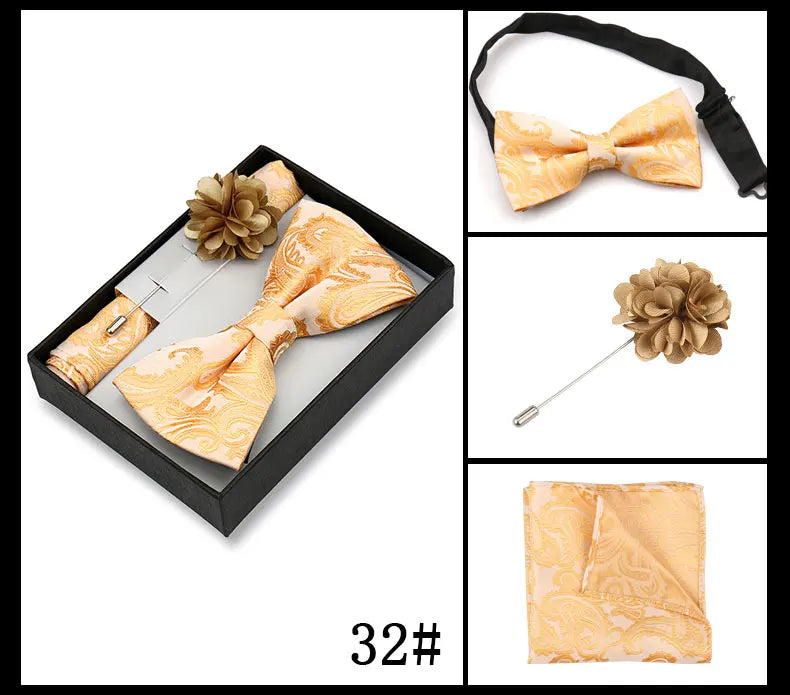 Classic High Quality Bow Tie Set Box Gift For Men Fashion Elegant Bowtie Handchief And Brooch Set Wedding Business Accessories