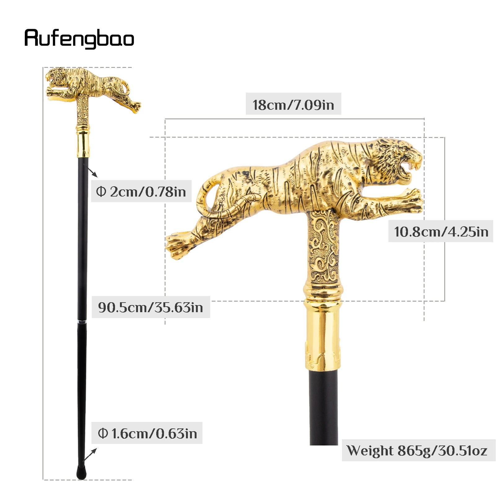 Golden Tiger Fashion Walking Stick Decorative Cospaly Cane Halloween Wand Crosier Performance Cane 90cm  Performance Stage Cane