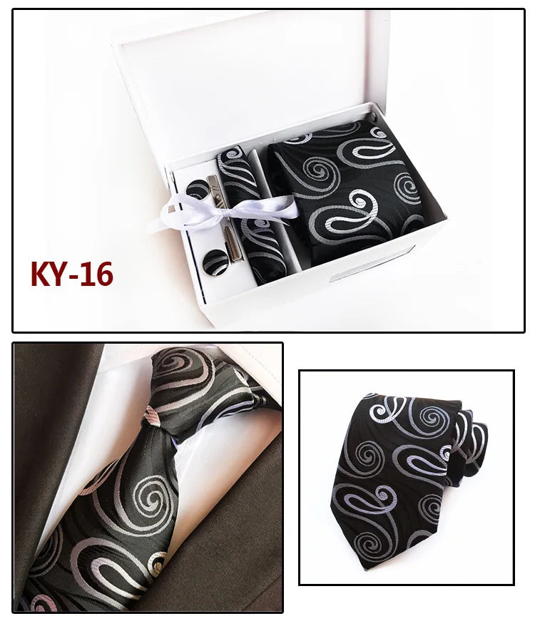 tie set for men gift box for men gravata luxury designer brand 8 cm Jacquard Necktie Pocket Square Clip cufflinks