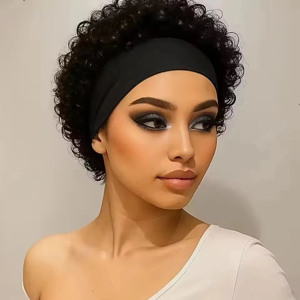 Water Wave Headband Wig Human Hair Wigs Curly Bob For Women Real Hair Pixie Cut Wig Machine Made Cap Hair