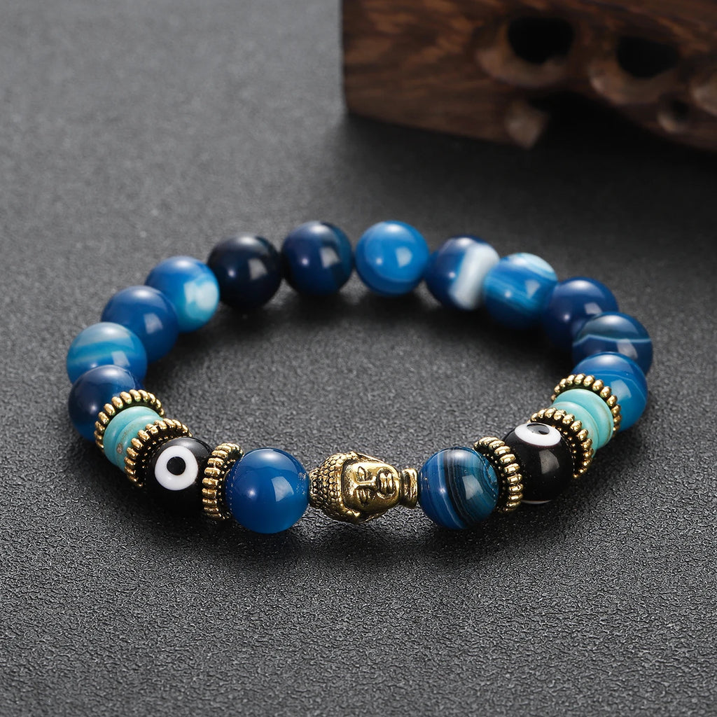 Classic Buddha&Evil Eye Bracelet Women Men 10mm Round Turquoises Blue Stone Bangles Handmade Elastic Yoga Bracelet