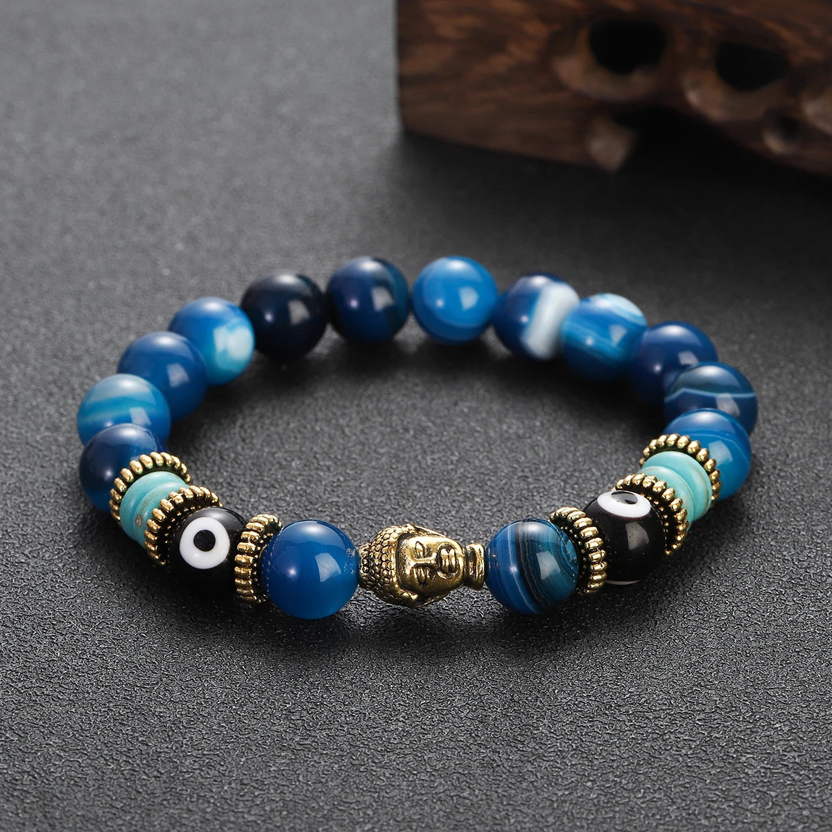 Classic Buddha&Evil Eye Bracelet Women Men 10mm Round Turquoises Blue Stone Bangles Handmade Elastic Yoga Bracelet
