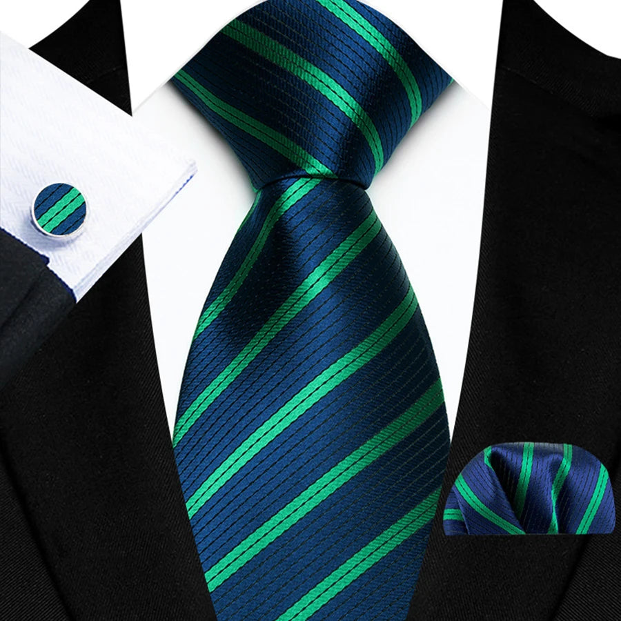 Mens Tie Set Stripes Necktie and Pocket Square Cufflinks Tie Clip Classic Formal Neck Ties for Men Wedding Business Party