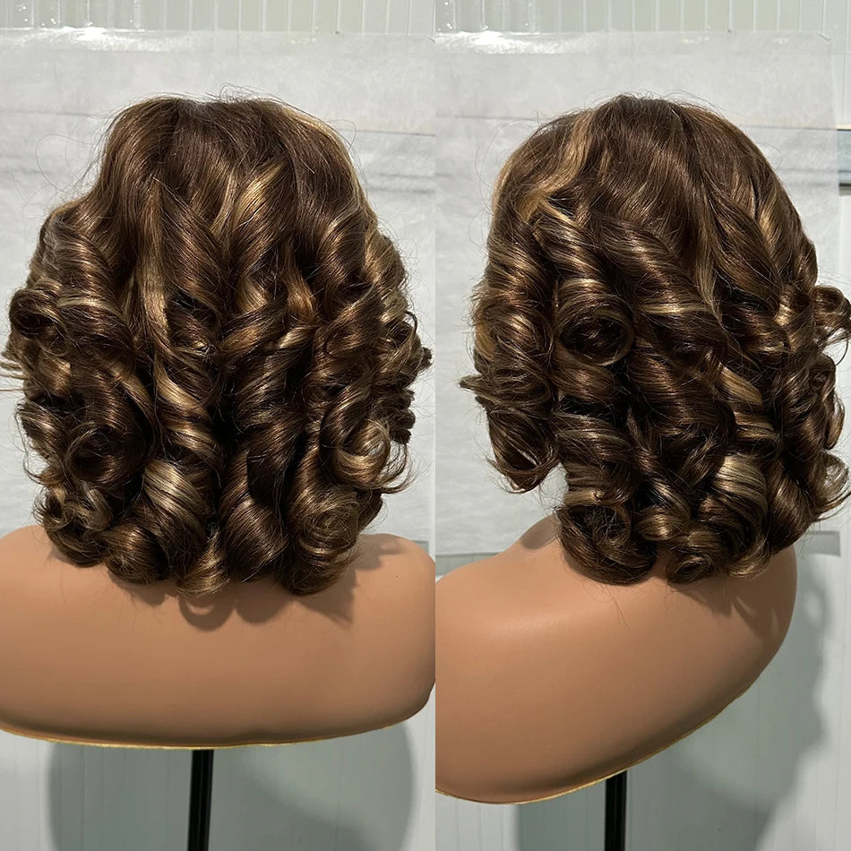 100% Human Hair Wig Highlight Bob Bouncy Loose Curly 12" 250% Density 5x5 HD Lace Closure Glueless Wigs Human Hair Ready To Wear