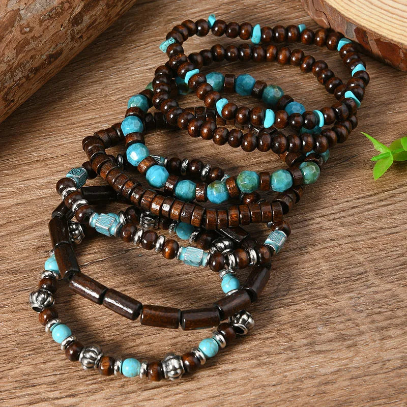 Bohemian Multilayer Bracelet Set Wood Beaded Turquoise Accent Retro Ethnic Charm Wristband Stackable Hand Jewelry for Men Women