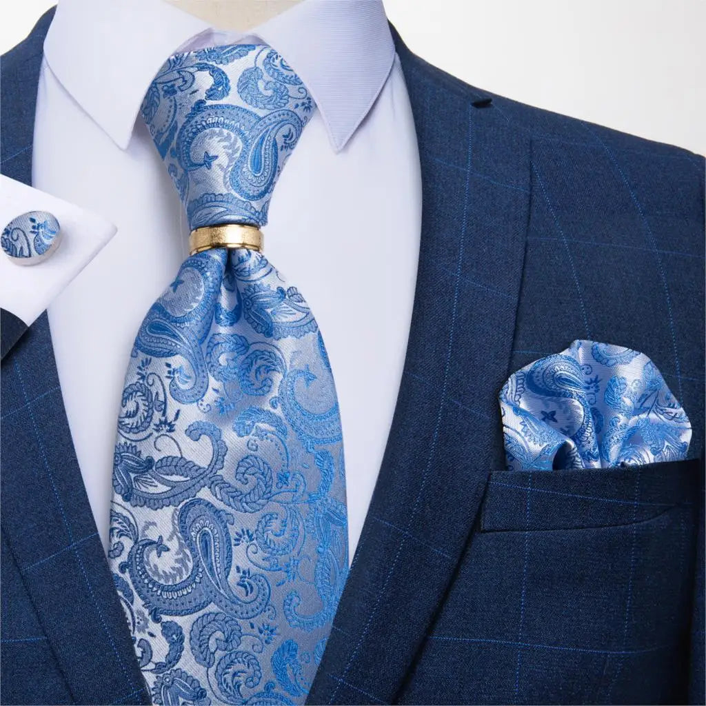 Men's Tie Handkerchief Cuffink Necktie Set Jacquard Woven Silk Blue Wedding Formal Business Party Necktie Ring Set DiBanGu
