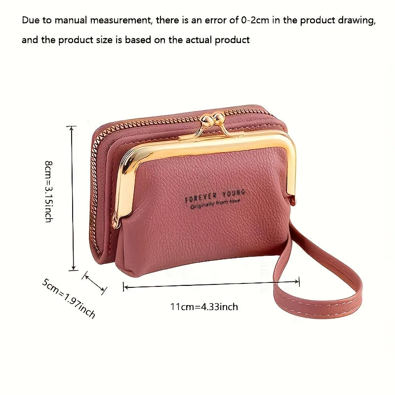 Women'S Elegant Wallet with Wrist Strap & Kiss Button Closure -Golden-Tone Hardware,Zipper Pocket & Card Holder,Wallet for Women